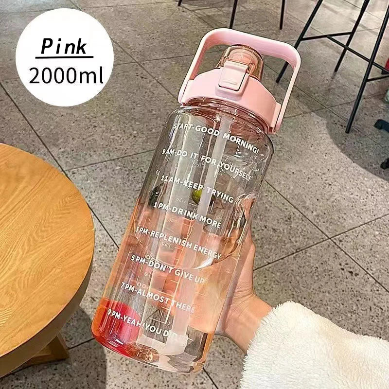 Gourde sport 2L avec paille – grande capacité, marqueur de temps & bouchon étanche