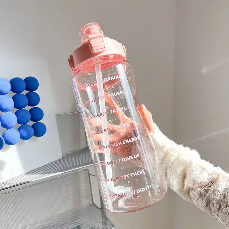 Gourde sport 2L avec paille – grande capacité, marqueur de temps & bouchon étanche