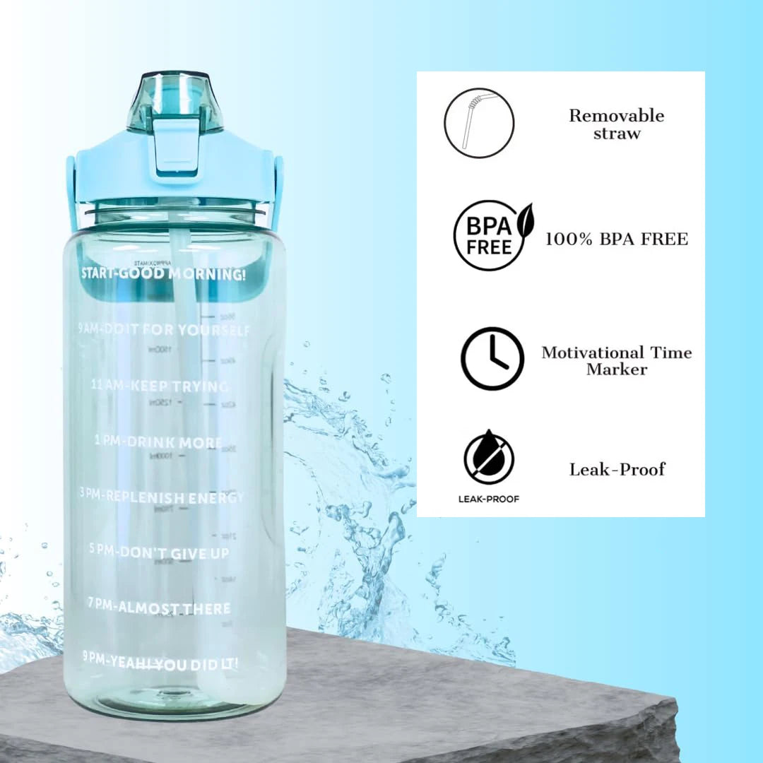 Gourde sport 2L avec paille – grande capacité, marqueur de temps & bouchon étanche